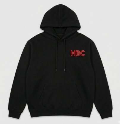 Black hoodie with 'HBC' logo on a light gray background