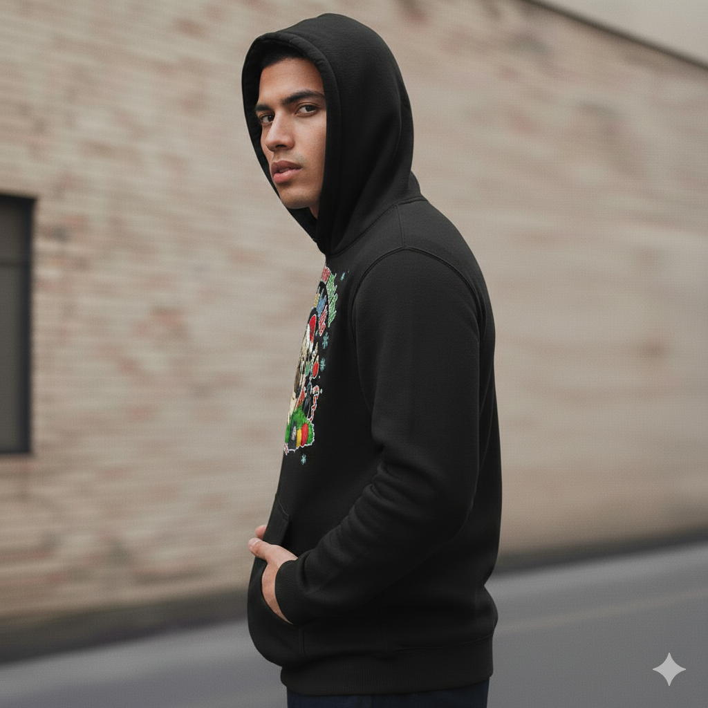 Person wearing a black hoodie with colorful design on the chest, standing against a brick wall.
