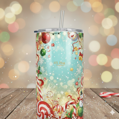 Colorful tumbler with Christmas design on a wooden surface with blurred lights in the background