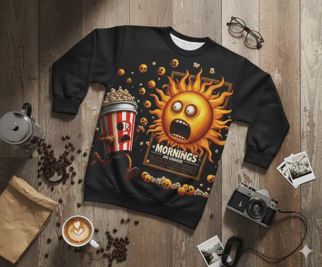 Mornings Are Overrated Sun Emoji Sweatshirt | Coffee Popcorn Design