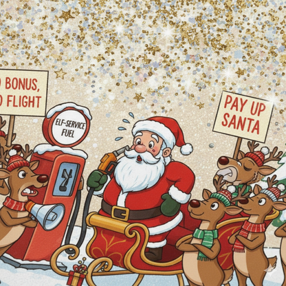 Cartoon Santa Claus at a gas station with reindeer on a festive background