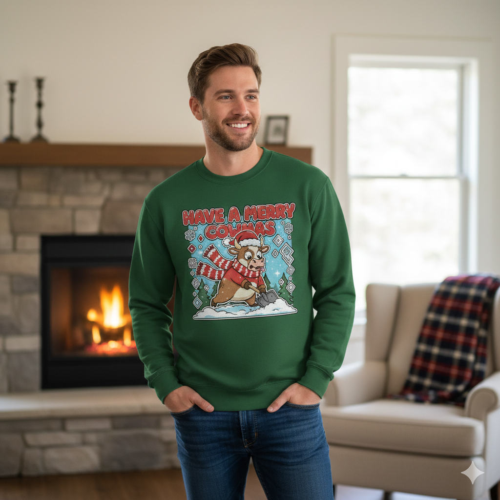 Man wearing a green Christmas sweater with a festive design in a living room.