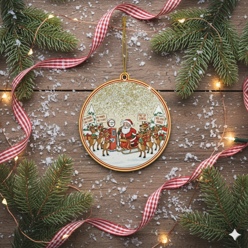 Decorative Christmas ornament with Santa Claus and reindeer on a wooden surface with festive decorations.