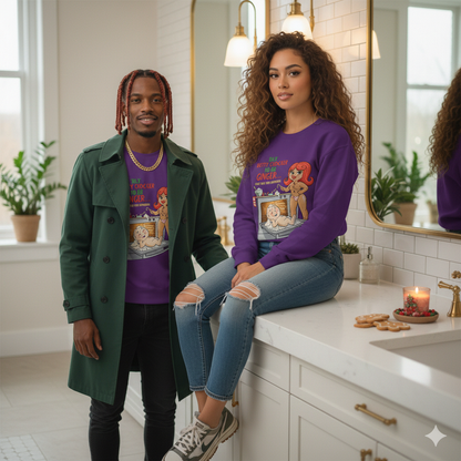 Two people wearing matching purple graphic sweatshirts in a bathroom setting.