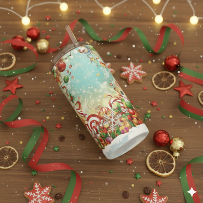 Christmas-themed tumbler on a wooden surface with festive decorations