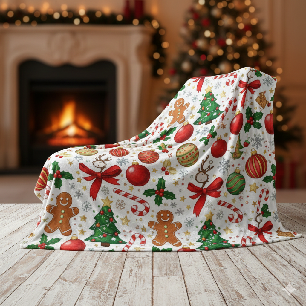 Christmas-themed blanket with gingerbread men, trees, and ornaments on a wooden floor.