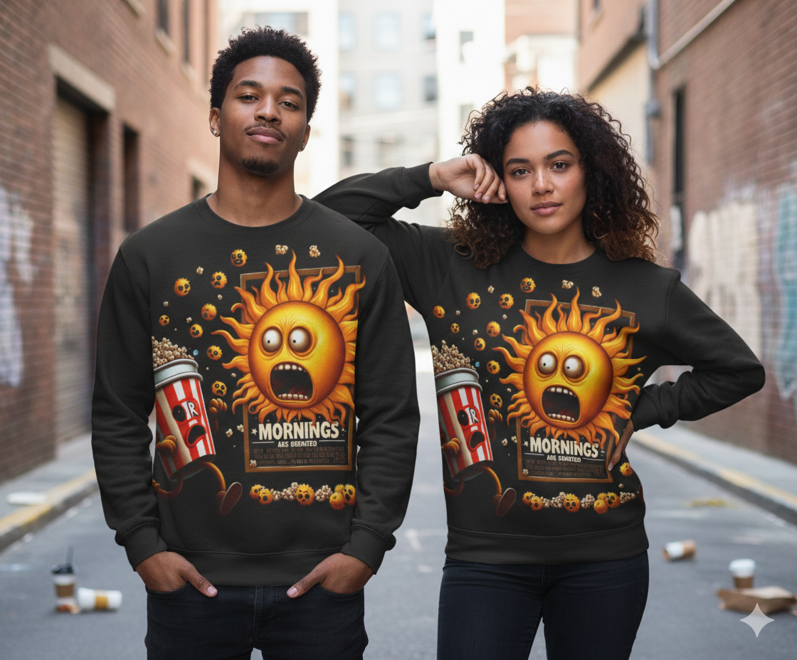 Two people wearing black sweatshirts with a sun graphic and text on a city street.