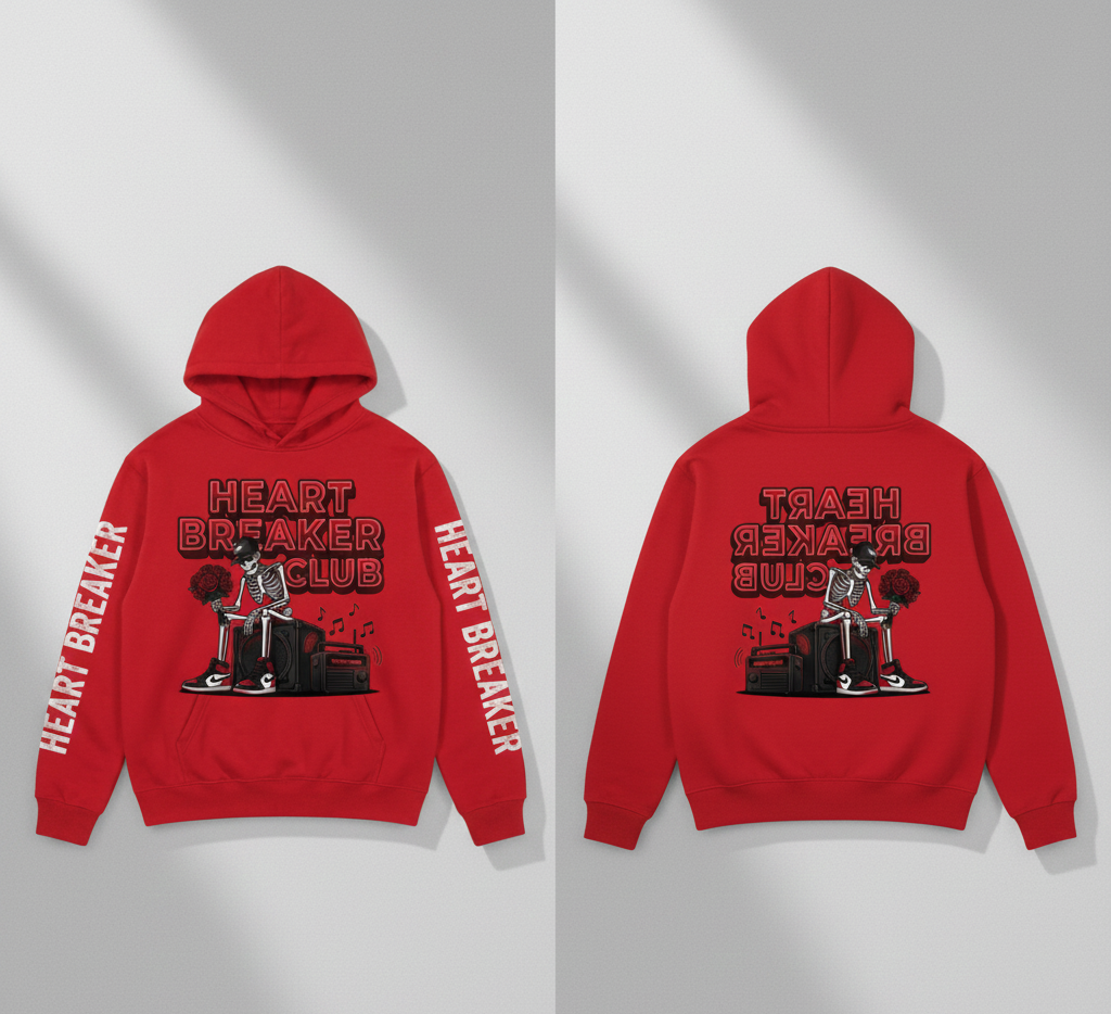 Red hoodie with 'Heart Breaker Club' graphic on a gray background
