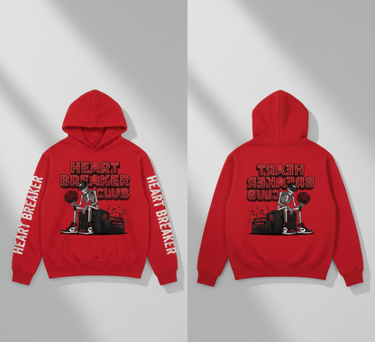 Red hoodie with 'Heart Breaker Club' graphic on a gray background