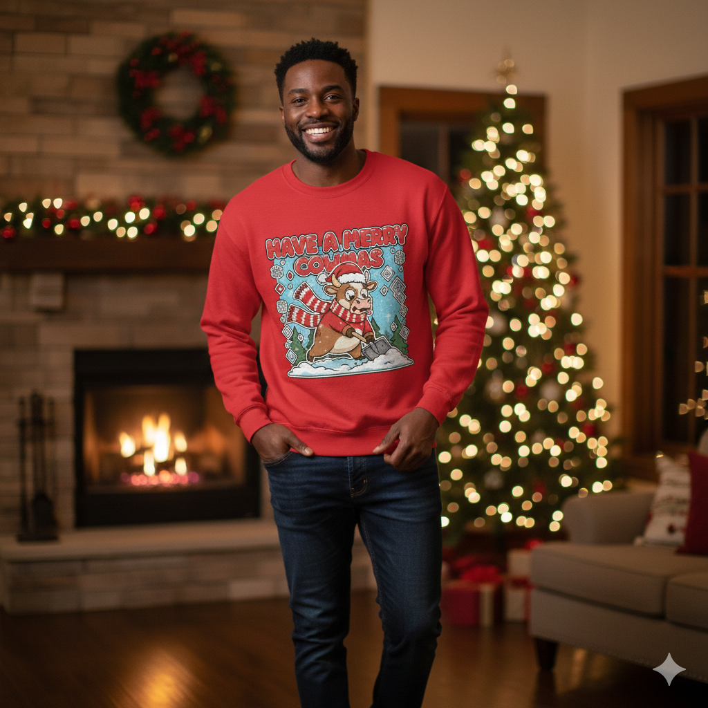 Man wearing a red Christmas sweater with a graphic design in a festive living room.