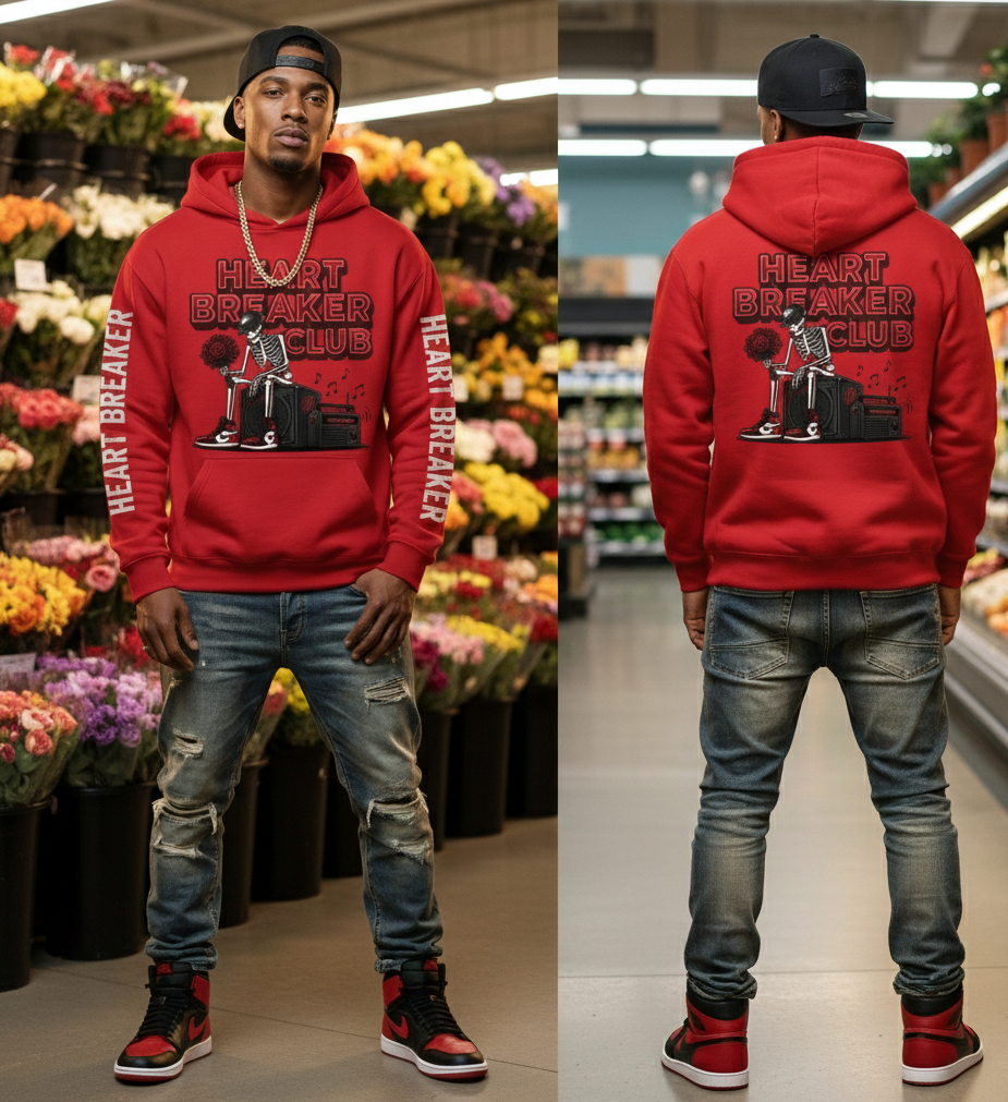 Person wearing a red hoodie with 'Heart Breaker Club' design in a grocery store.