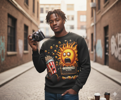 Mornings Are Overrated Sun Emoji Sweatshirt | Coffee Popcorn Design
