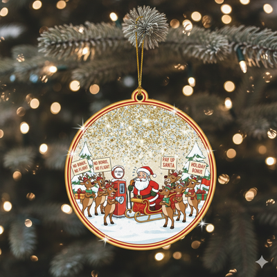 Decorative Christmas ornament with Santa Claus and reindeer on a tree with lights.