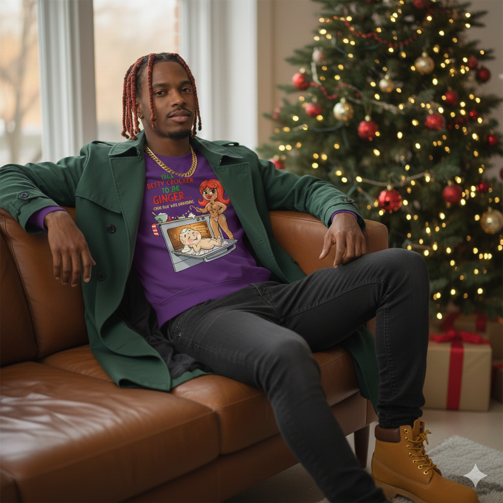 Man sitting on a brown couch wearing a green coat and purple graphic t-shirt in a room with a Christmas tree.
