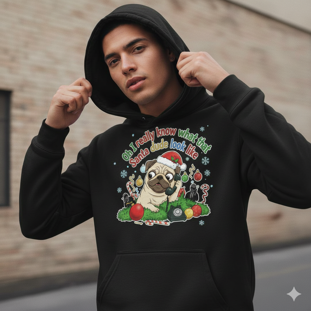 Person wearing a black hoodie with a pug graphic and text, standing against a blurred background.
