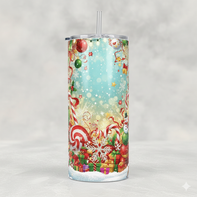 Tumbler with Christmas-themed design featuring candy canes, presents, and ornaments on a light blue background.