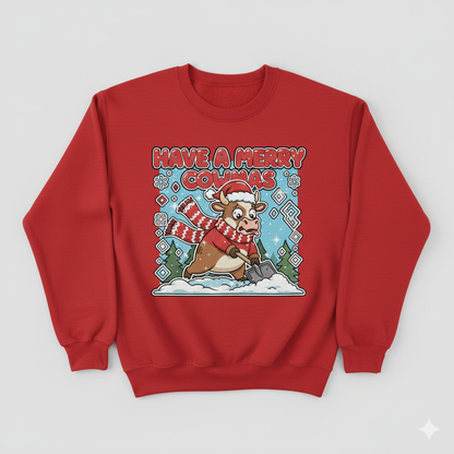 Red sweatshirt with a Christmas design of a cow shoveling snow, text 'Have a Merry Cowmas', on a white background.