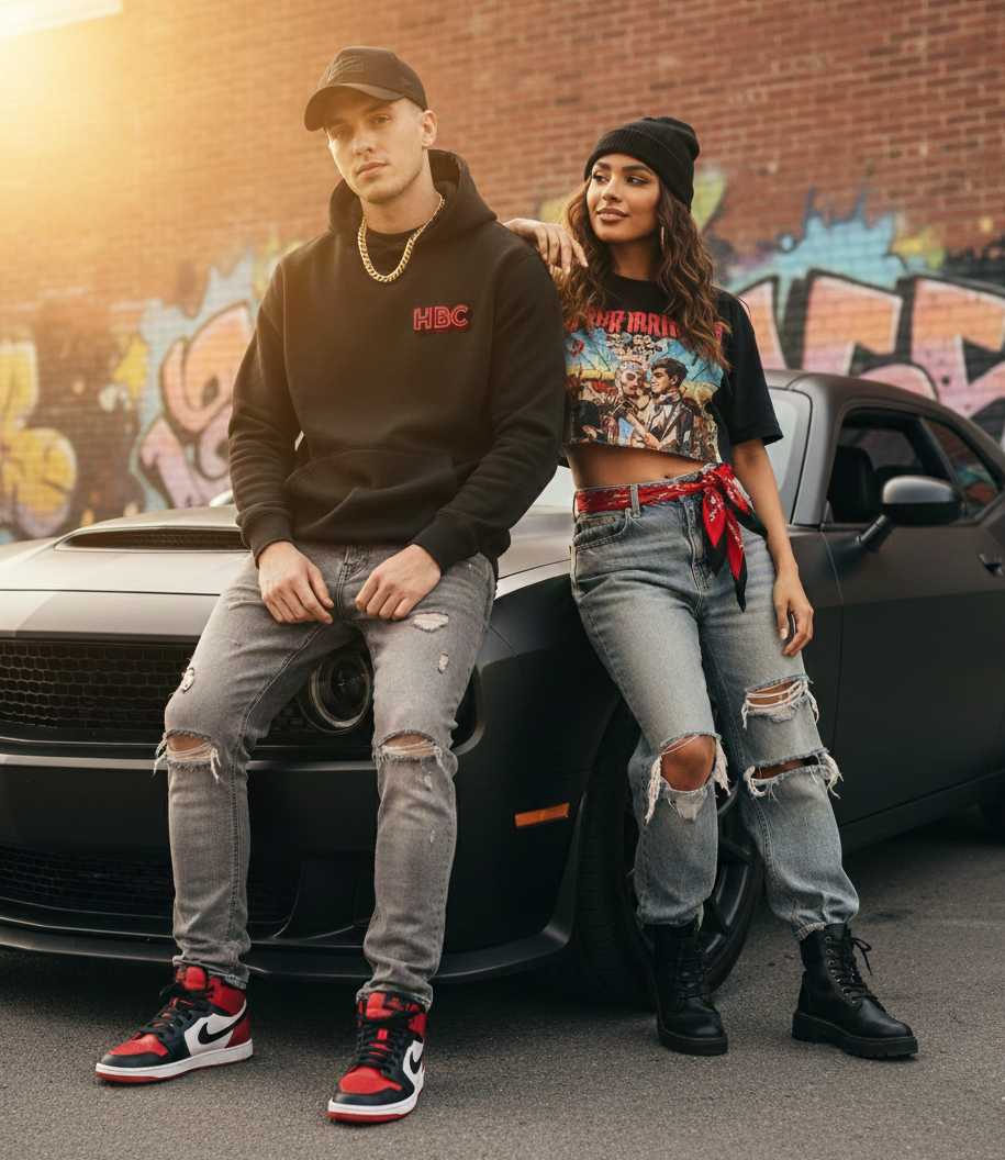 Two people sitting on a car with graffiti in the background