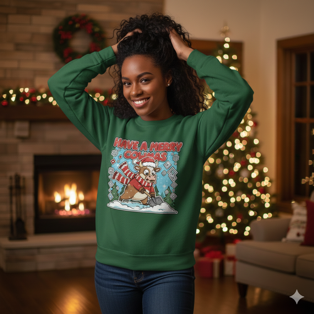 Woman wearing a green Christmas-themed sweatshirt in a festive living room.