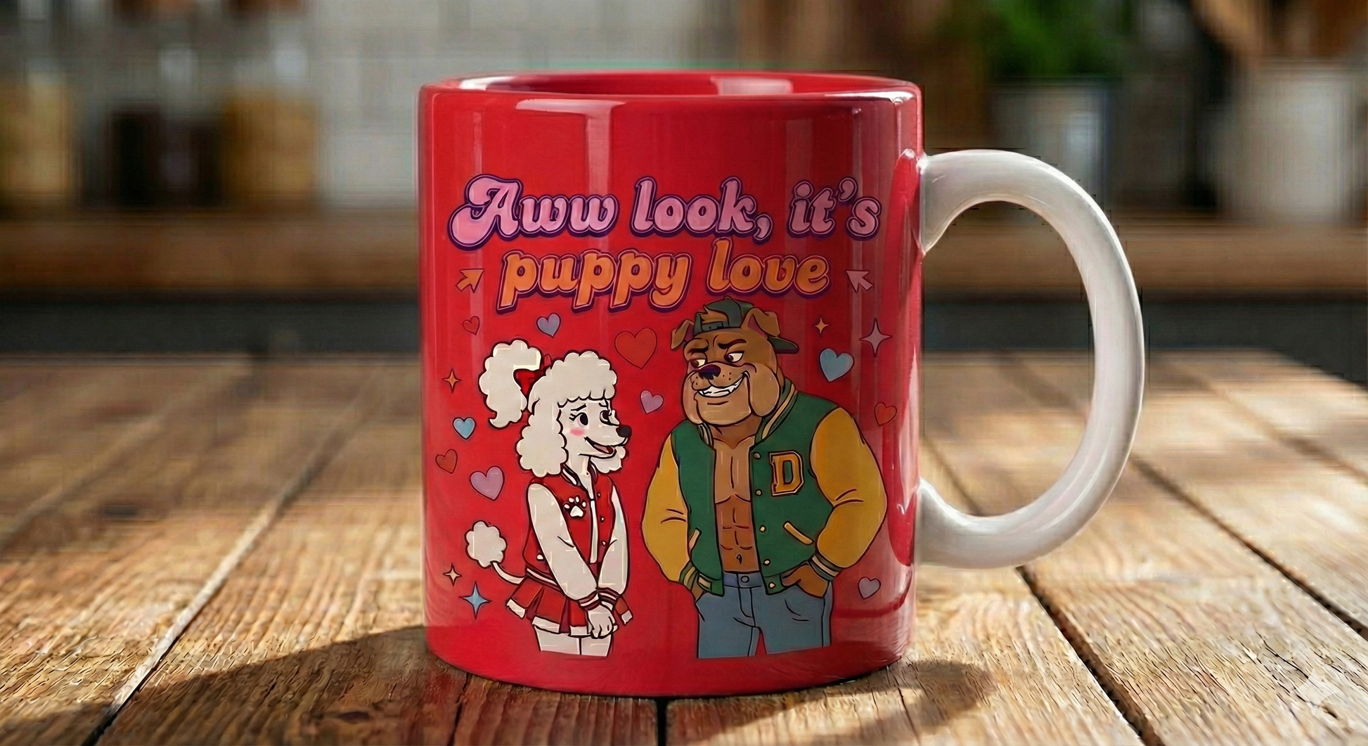 Red mug with cartoon characters and 'Aww look, it's puppy love' text on a wooden surface.