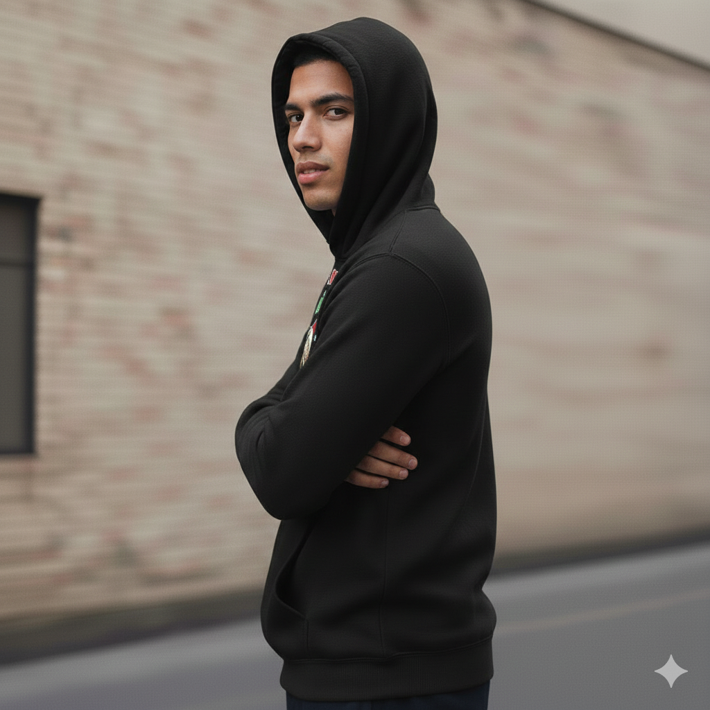 Person wearing a black hoodie standing against a brick wall.