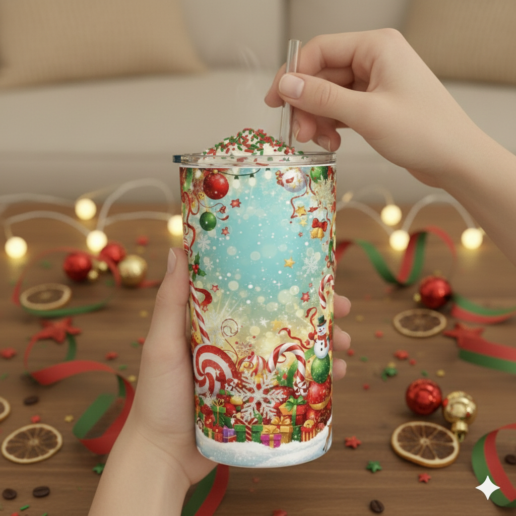 Hand holding a Christmas-themed tumbler with colorful design on a festive background.
