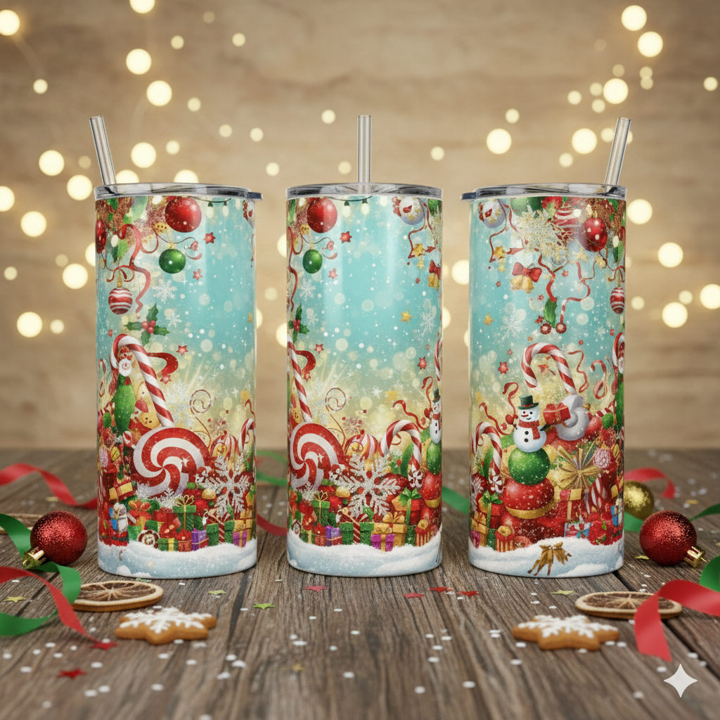 Three Christmas-themed tumblers with Santa Claus, candy canes, and snowmen on a wooden surface with festive decorations.