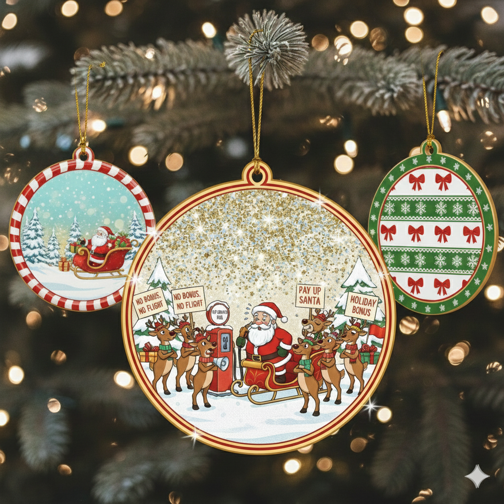 Three Christmas ornaments on a decorated tree with lights.