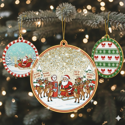 Three Christmas ornaments on a decorated tree with lights.