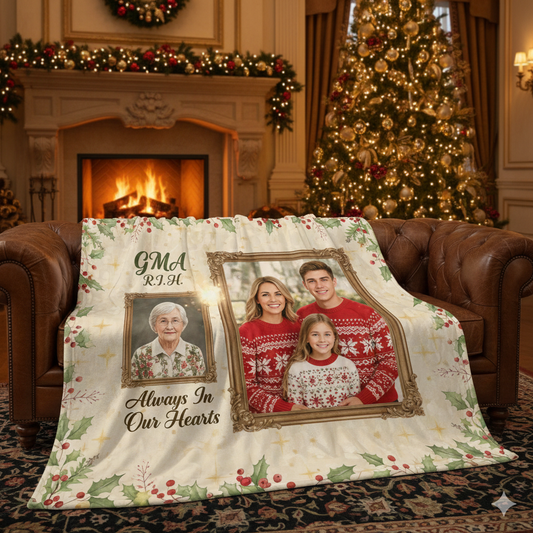 Decorative blanket with family photos in a festive room with a Christmas tree and fireplace.