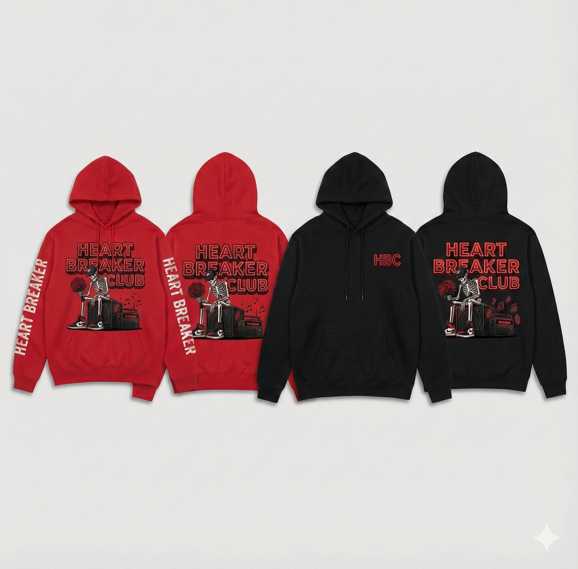 Two red and two black hoodies with 'Heart Breaker Club' text and graphic on a light gray background