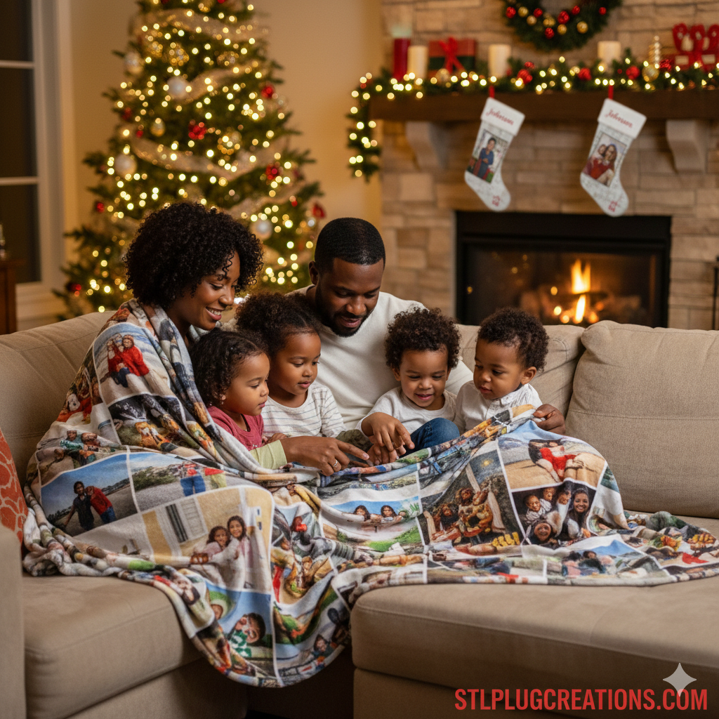 Family sitting on a couch with a personalized blanket in a festive living room.