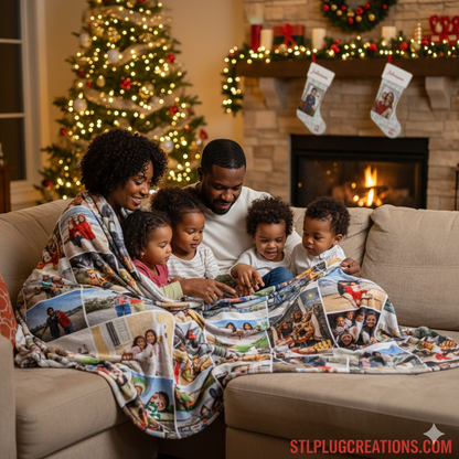 Family sitting on a couch with a personalized blanket in a festive living room.