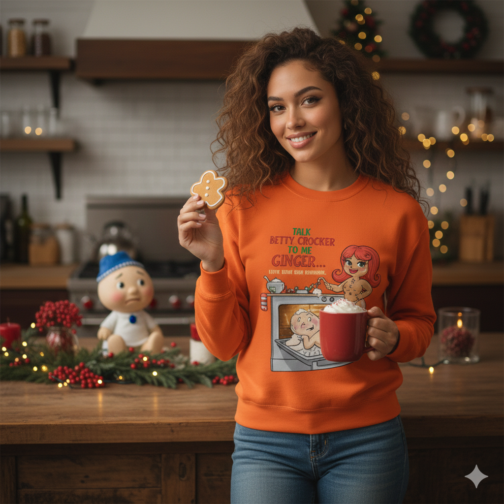 Woman wearing an orange sweater with a graphic design, holding a mug and a cookie in a kitchen setting.