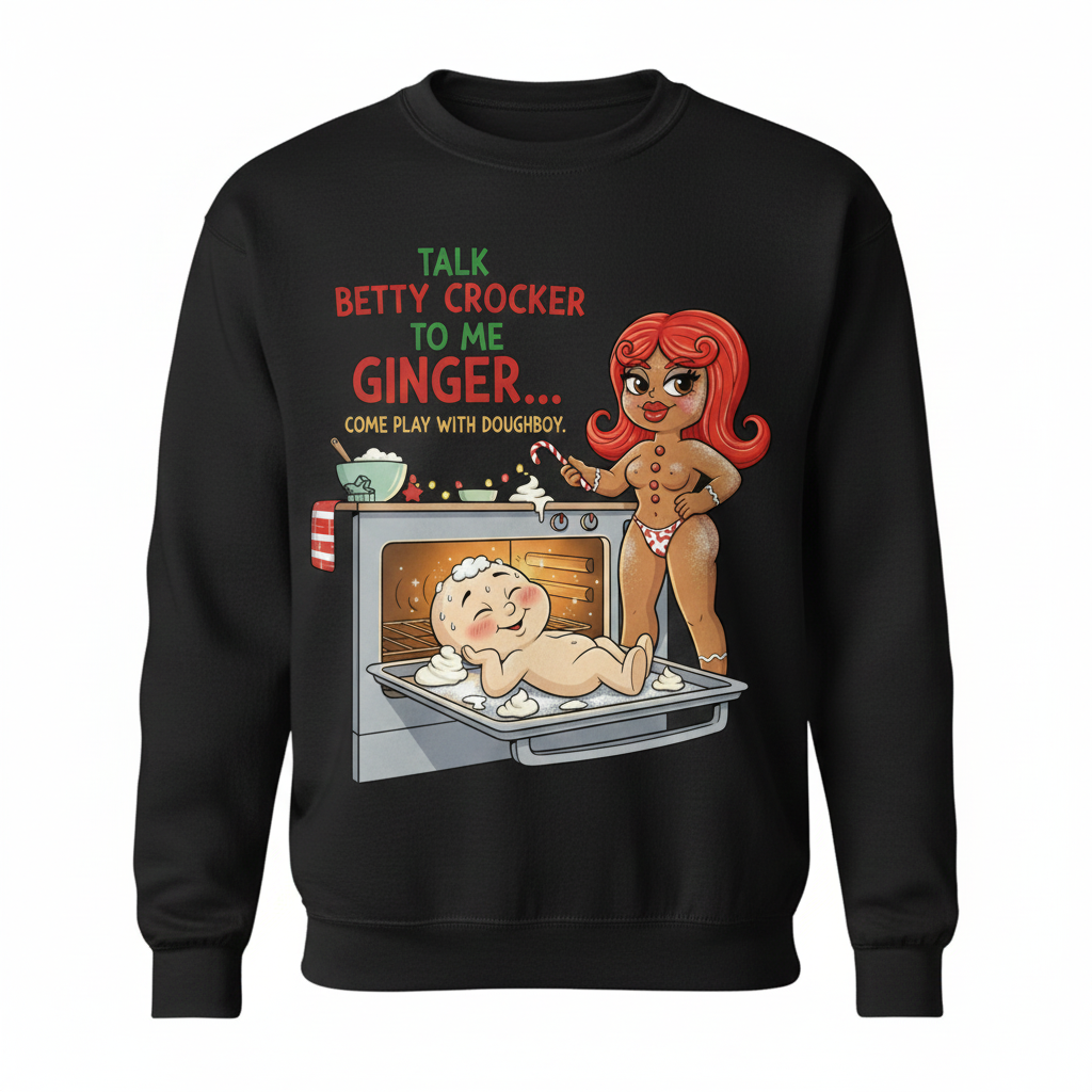 Black sweatshirt with graphic design featuring a cartoon character and text on a white background