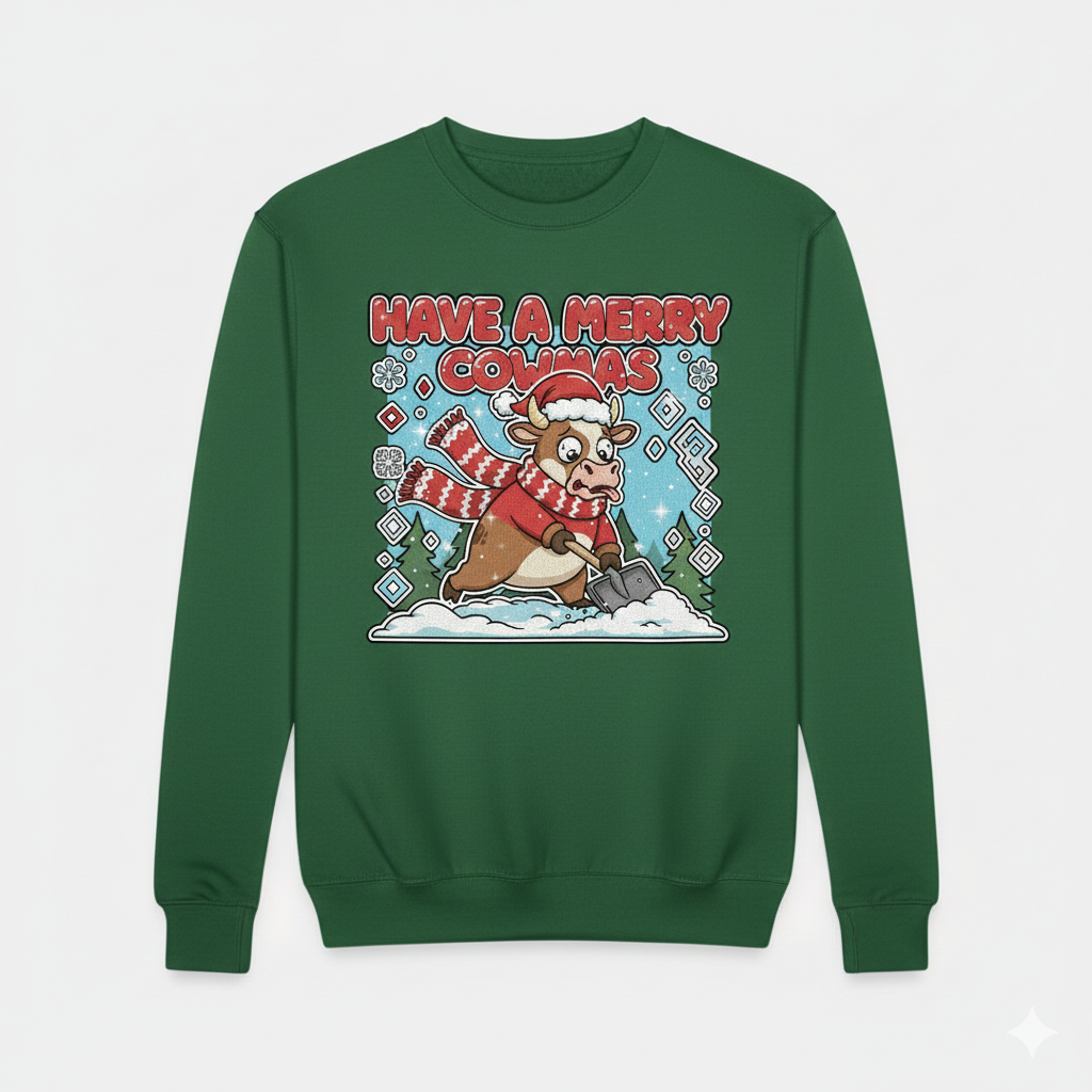 Green sweatshirt with a Christmas cow design and text on a white background