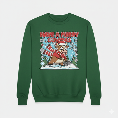 Green sweatshirt with a Christmas cow design and text on a white background