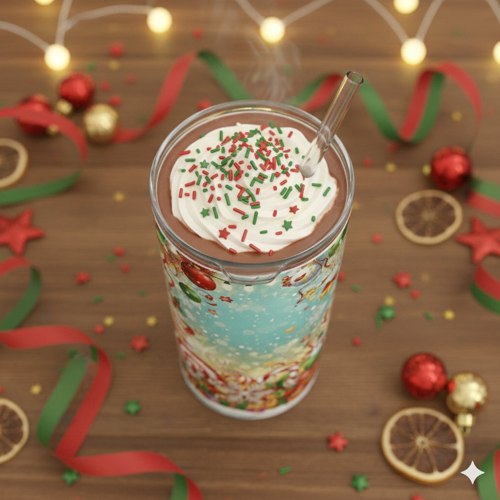 Hot chocolate with whipped cream and sprinkles in a festive glass on a wooden surface with Christmas decorations.