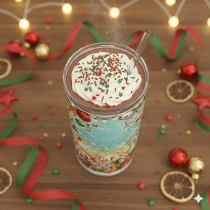 Hot chocolate with whipped cream and sprinkles in a festive glass on a wooden surface with Christmas decorations.