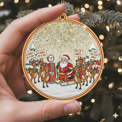 Hand holding a Christmas ornament with Santa Claus and reindeer in front of a decorated tree.