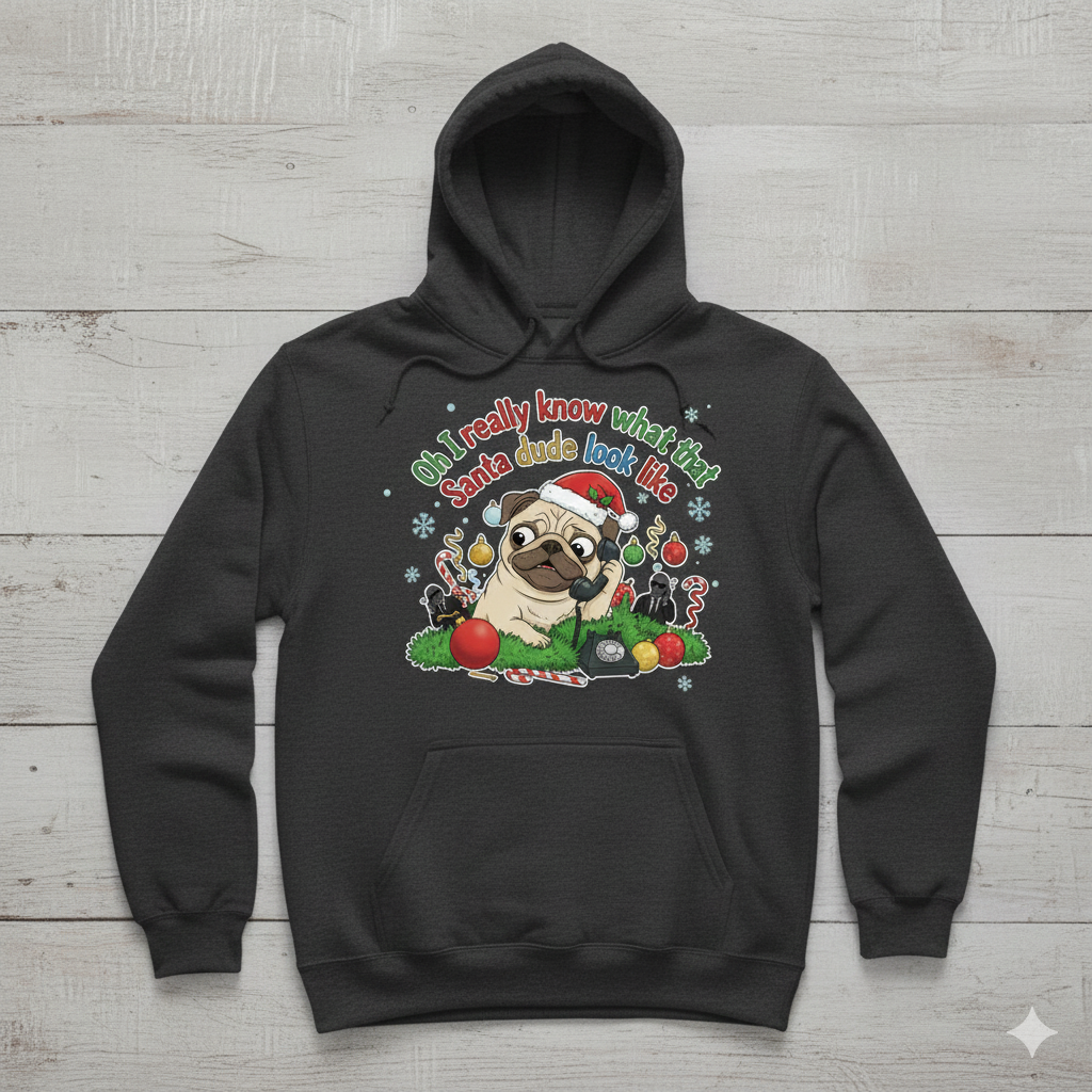 Black hoodie with a pug graphic and text on a wooden surface