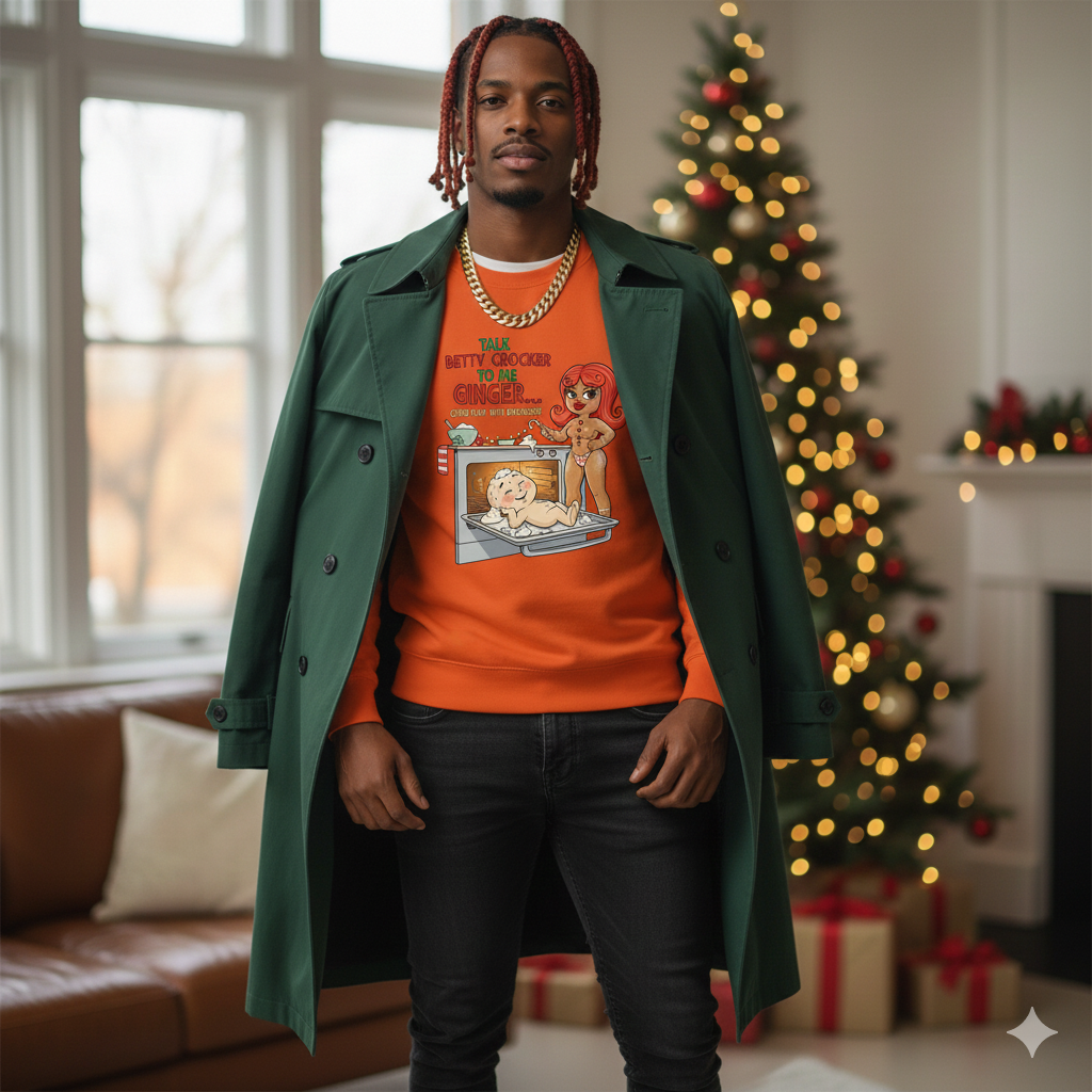 Man wearing an orange sweater with a graphic design in a festive living room with a Christmas tree.