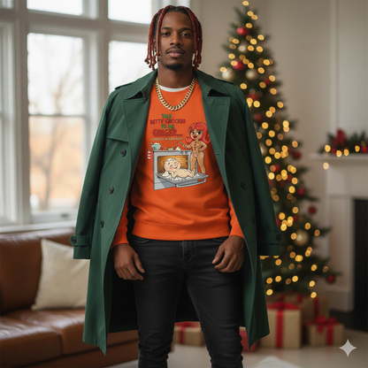 Man wearing an orange sweater with a graphic design in a festive living room with a Christmas tree.