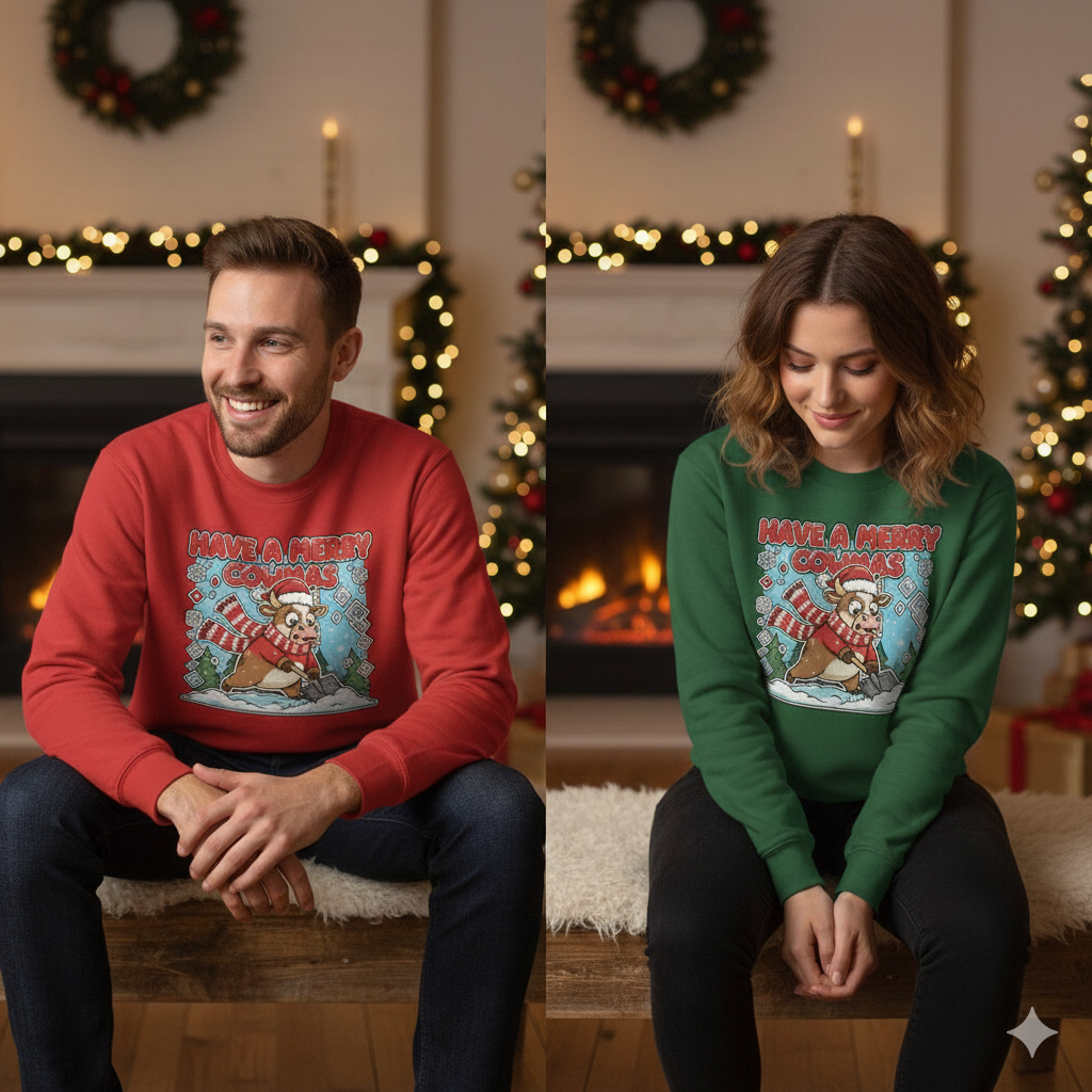 Two people wearing Christmas-themed sweaters in a festive setting with wreaths and lights.